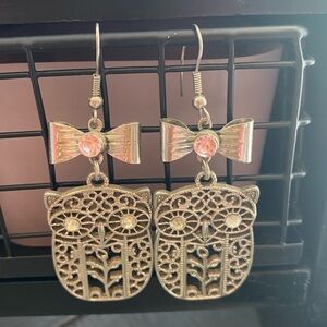 Elegant Owl Earrings with Pink and Bow Accents